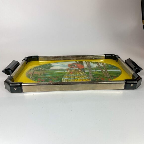 Foiled Southern Belle In Garden Vintage Glass  Bakelite Handles Tea Tray - Picture 2 of 6